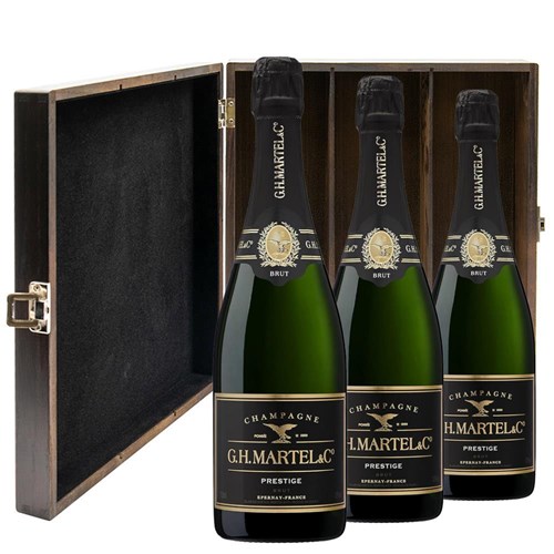 Martel Prestige Brut Champagne 75cl Treble Elm Wood Gift Boxed Champagne (3x75cl)